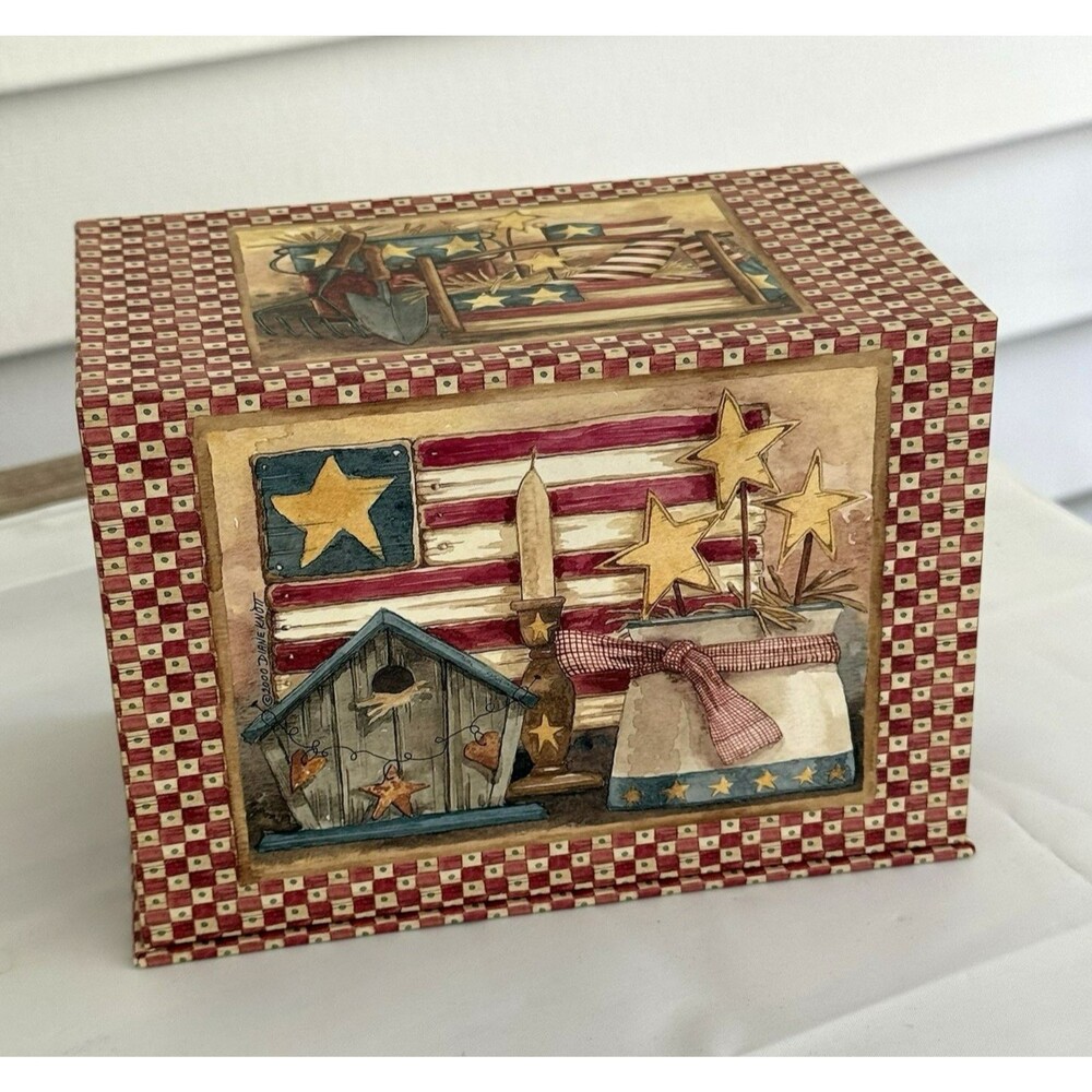 Vtg Diane Knott Art Recipe Box Dividers Patriotic Americana Folk Art Kitchen